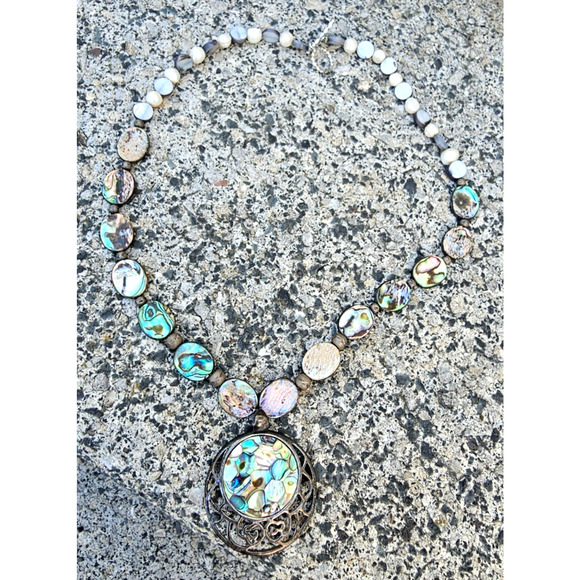 Gorgeous Abalone Shell Beads/Pendant Necklace 18" Pendant is 1/1/2" Fashion - Picture 1 of 4